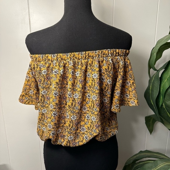 Love First Boho Off the Shoulder Mustard Crop Top, Size Small - Picture 11 of 16